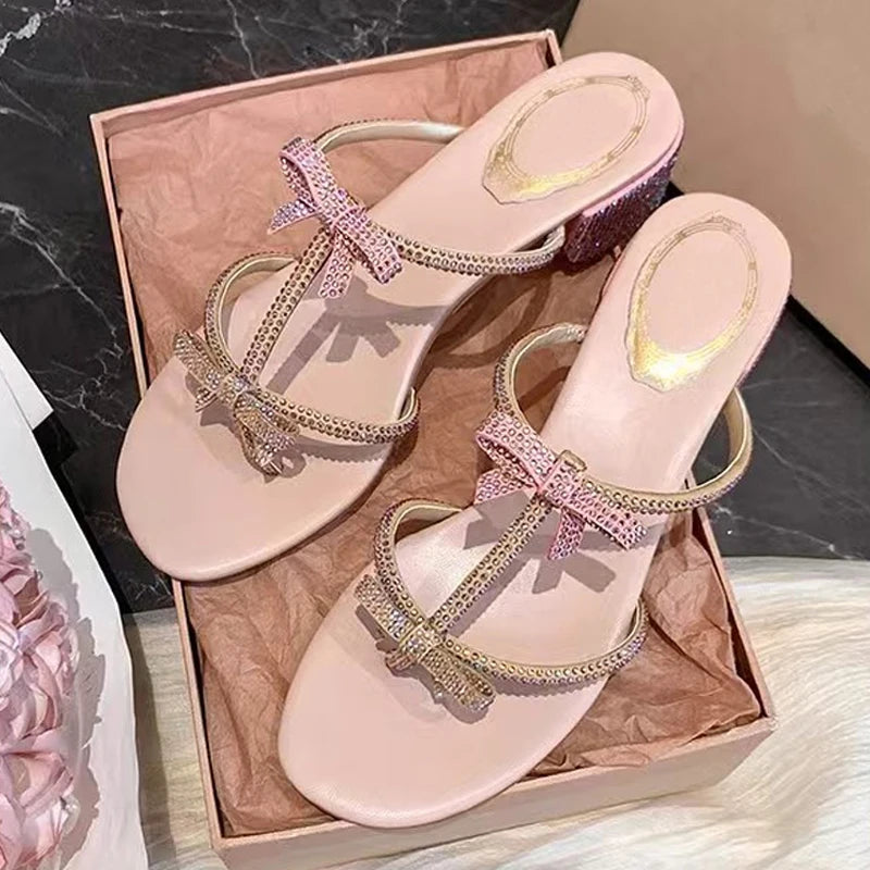 Street Style Crystal Bowknot Women Slippers Sandals Glitter Rhinestones Low Square Heels Slides Summer Party Dress Shoes - EUFASHIONBAGS