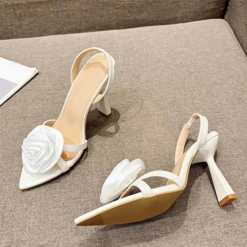 Fashion Design Green Silk Rose Flowers Women Slippers Sandal Sexy Pointed Open Toe Thin High Heels Summer Party Dress Shoe