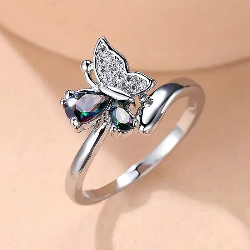 Butterfly Rings with Multi-colored Cubic Zirconia Aesthetic Wedding Accessory for Women Exquisite Gift Statement Jewelry