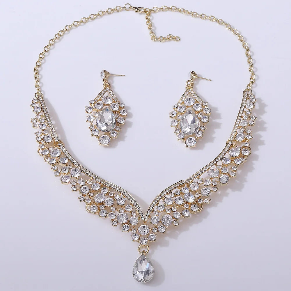 Exquisite Luxury Water Drop Crystal Bridal Jewelry Sets for Women Chokers Necklace Earrings Set Wedding Dress Dubai Jewelry Set - EUFASHIONBAGS