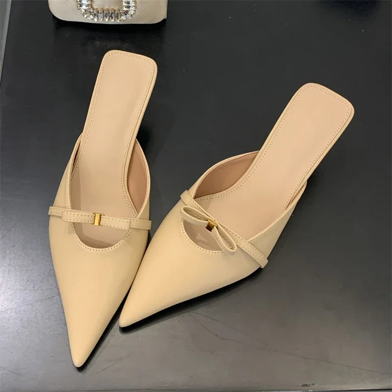 Butterfly-knot Pointed Toe Mules Slippers Woman Fashion Elegant Low Heel Summer Slides Female Concise High Heeled Sandals Women