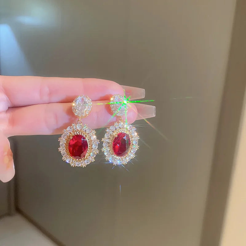 Aesthetic Gold Color Red CZ Hanging Earrings for Women Full Bling Iced Out Wedding Party Luxury Accessories Trend Jewelry