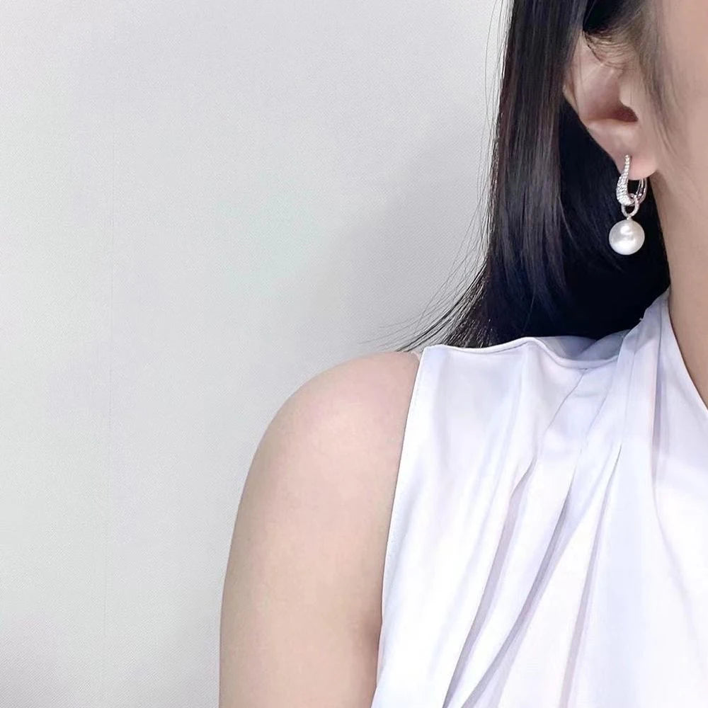 New Trend Imitation Pearl Dangle Earring for Women Luxury Silver Color Bling Cubic Zirconia Fashion Elegant Lady Jewelry