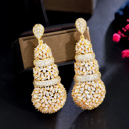 Shiny Chunky Cubic Zirconia Pave Big Luxury Statement African Dubai Gold Plated Long Wedding Earrings for Women - EUFASHIONBAGS