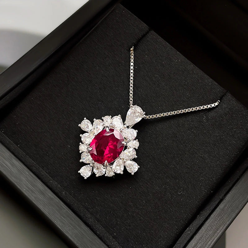 Charming Pendant Necklace for Women Bright Red Zirconia Stone Jewelry for Wedding Party Female Chic Accessories