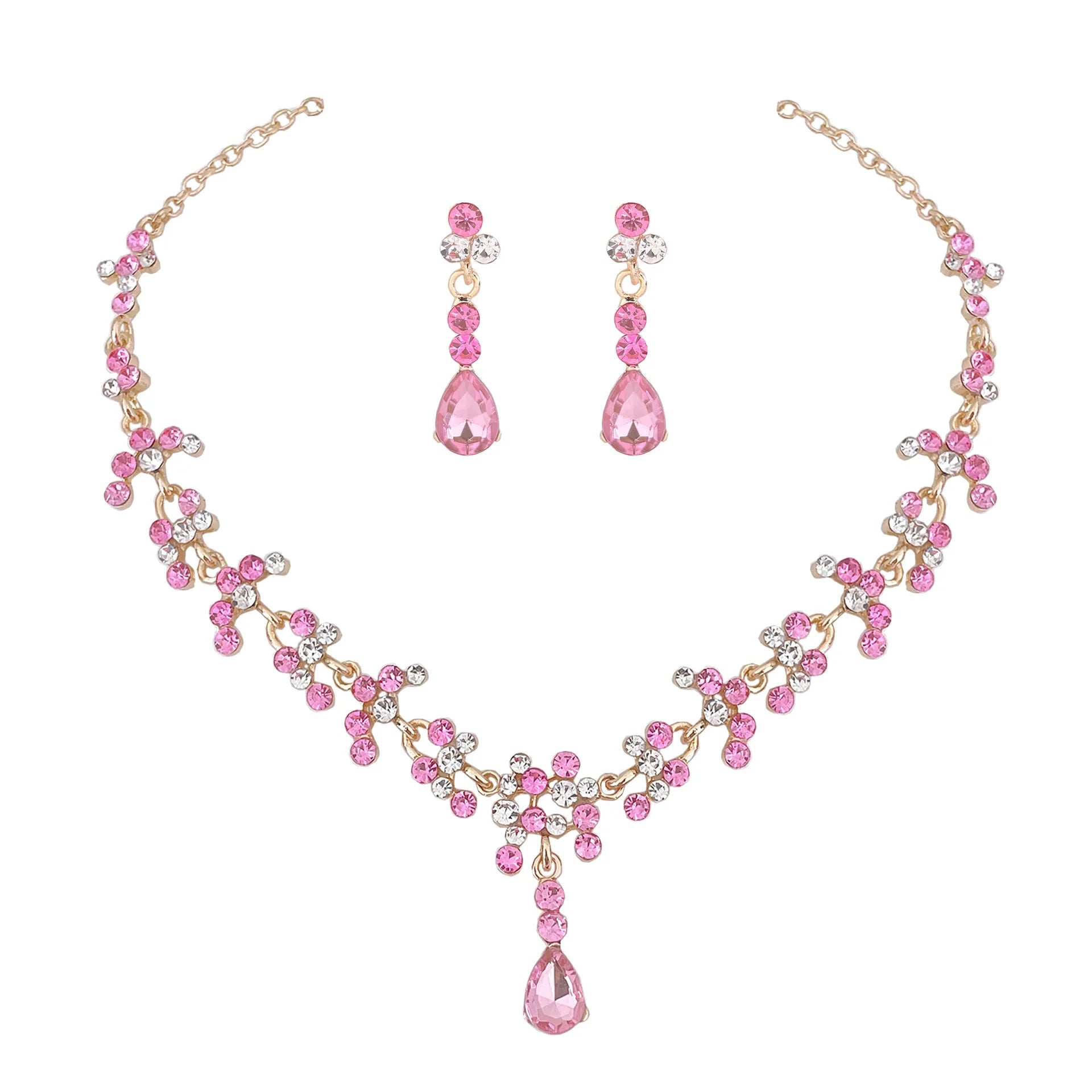 Baroque Pink Purple Crystal Bridal Wedding Jewelry Sets Women Gold Color Rhinestone Necklace Long Earrings Set Dress Accessories - EUFASHIONBAGS