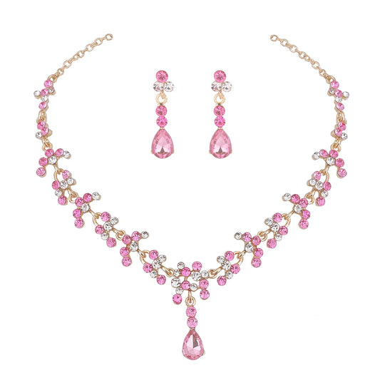 Baroque Pink Purple Crystal Bridal Wedding Jewelry Sets Women Gold Color Rhinestone Necklace Long Earrings Set Dress Accessories