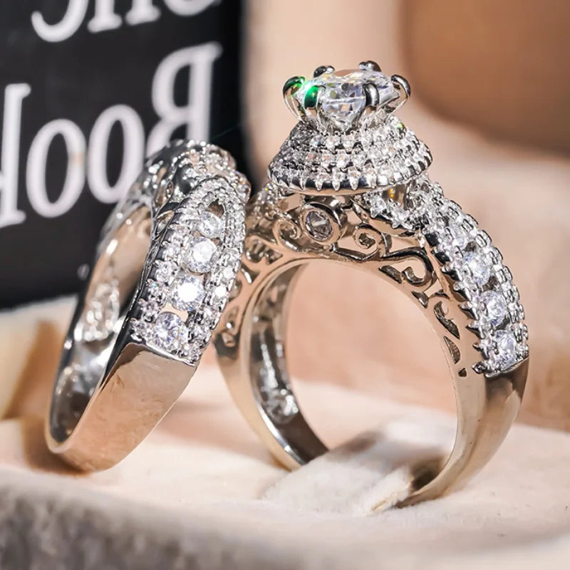 Graceful 2Pcs Set Rings Sparkling Luxury Cubic Zirconia Finger Accessories for Wedding Engagement Chic Fashion Jewelry - EUFASHIONBAGS