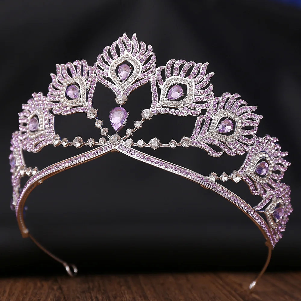 Miss Universe Crown Round Adjustable Pearl Peakcock Feather Tiaras Rhinestone Pageant Prom Crowns CZ Coroa Novia Bijoux Cheveux - EUFASHIONBAGS