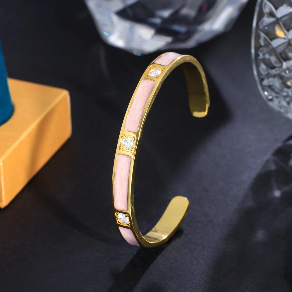 Shiny Cubic Zirconia Setting Gold Color Light Blue Enamel Round Opening Cuff Bangles for Women Chic Jewelry - EUFASHIONBAGS