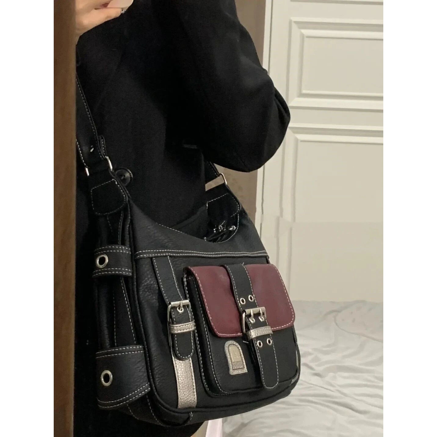 Vintage Y2k Grunge Crossbody Bags Women High Street Leather Messenger Bag Female Retro Moto Biker Shoulder Bag Aesthetic