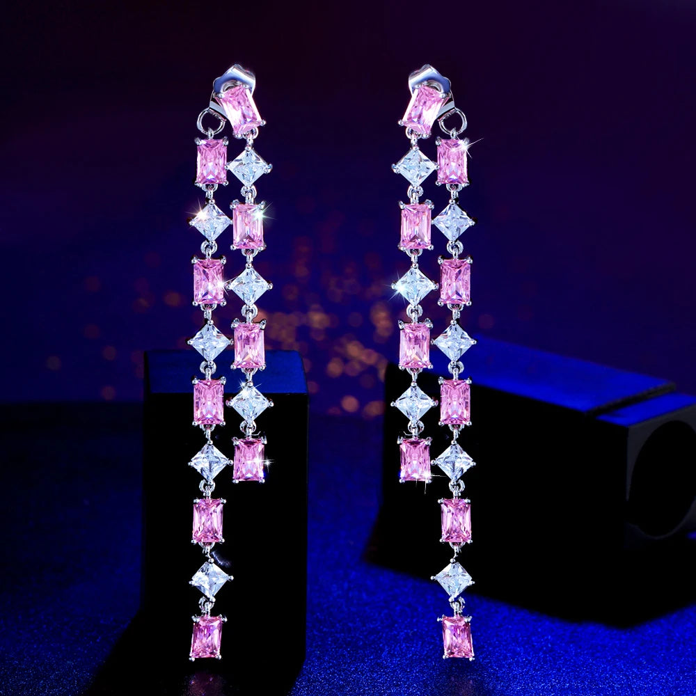 Square Pink Cubic Zirconia Pave Long Dangle Tassel Drop Women Wedding Bridal Party Earrings Jewelry - EUFASHIONBAGS