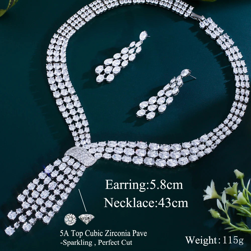 Luxury Dangle Tassel Drop Cubic Zirconia Big Wedding Bridal Party Necklace and Earrings Jewelry Sets for Women - EUFASHIONBAGS