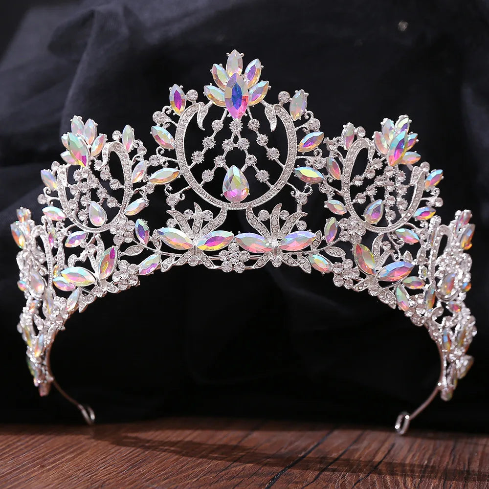 Luxury Silver Color AB Crystal Bridal Tiaras Baroque Crown Headband Bride Party Rhinestone Diadem Wedding Hair Jewelry Ornaments - EUFASHIONBAGS