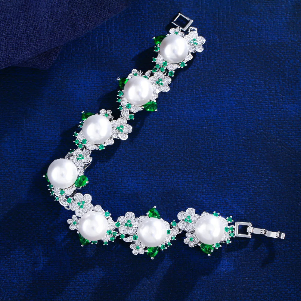 Luxury Green Cubic Zirconia Cluster Flower Wedding Engagement Bridal Big Pearl Bracelets for Women - EUFASHIONBAGS