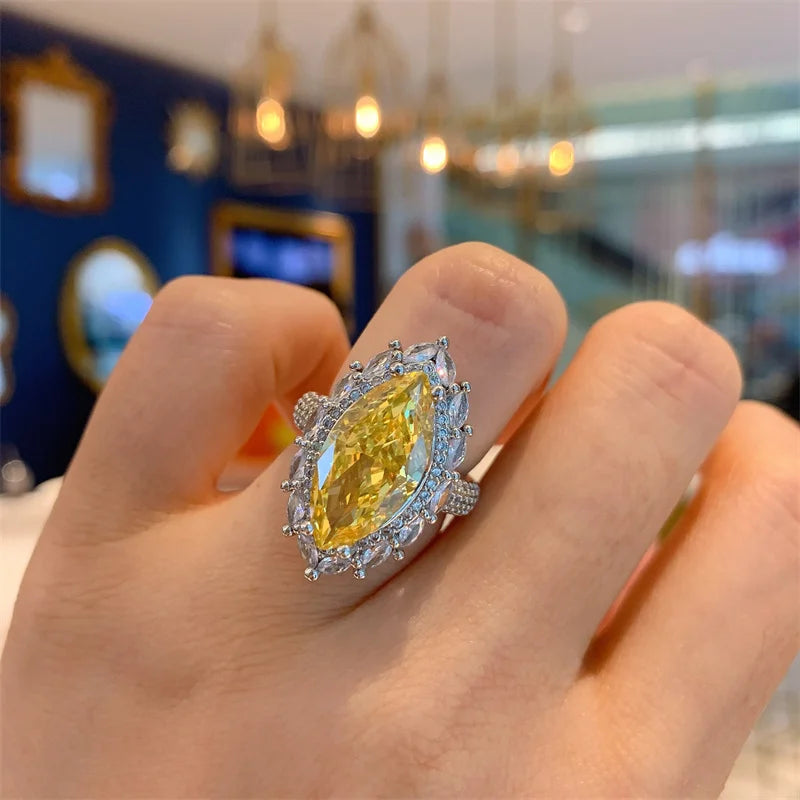 Unique Marquise Yellow CZ Ring Women for Wedding Ceremony Party Accessories Fancy Anniversary Gift New Fashion Jewelry - EUFASHIONBAGS