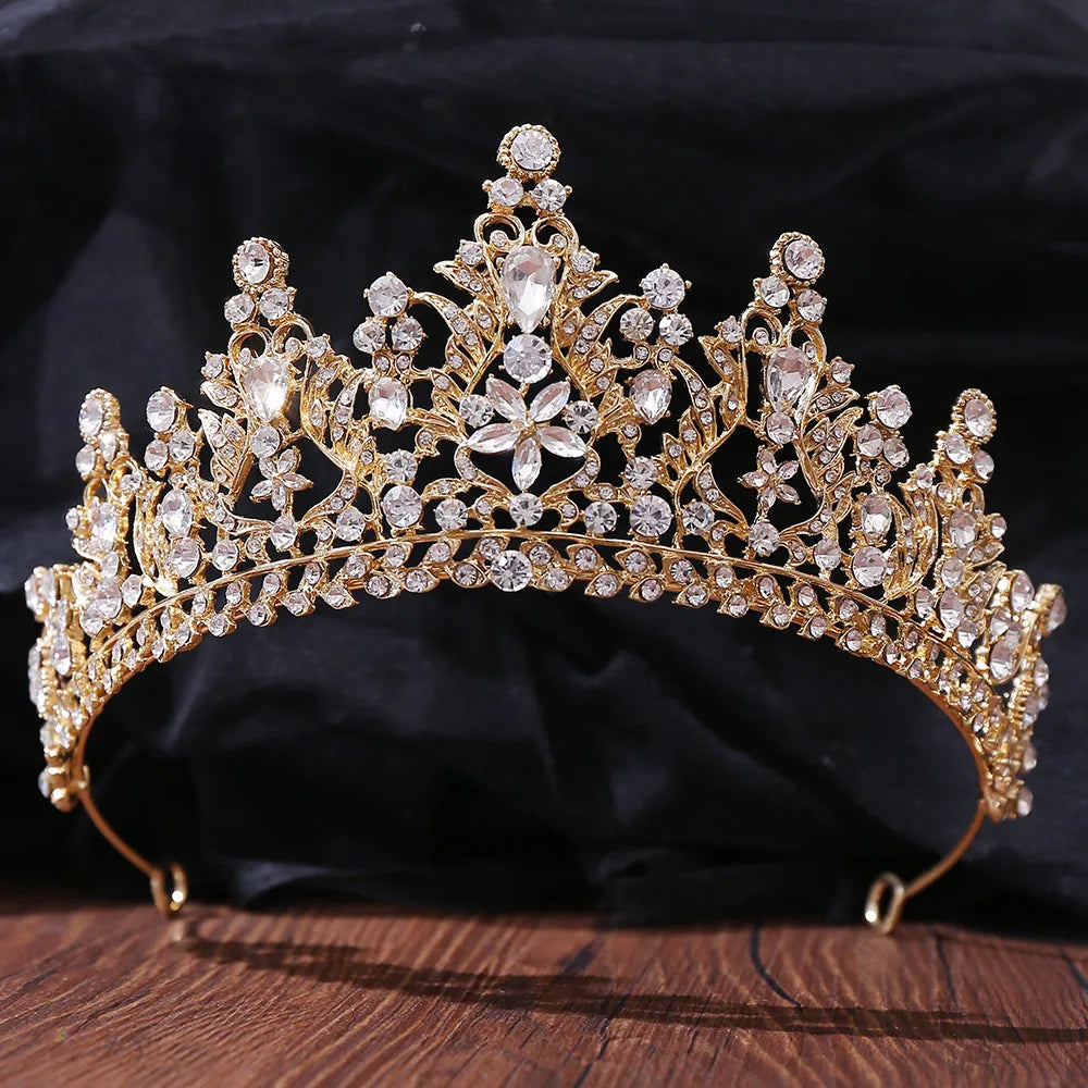 Baroque Korean Gold Color Crystal Crown Hair Accessories Luxury Rhinestone Tiara For Women Wedding Headdress Bridal Hair Jewelry