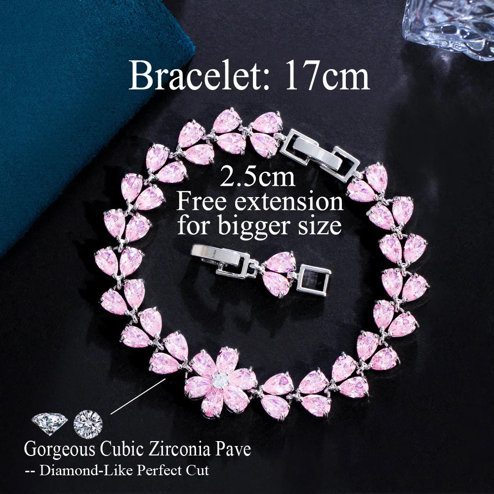 Delicate Flower Leaf Shape Cluster Pink Red Cubic Zirconia Crystal Link Chain Bracelets for Women Wedding Party - EUFASHIONBAGS