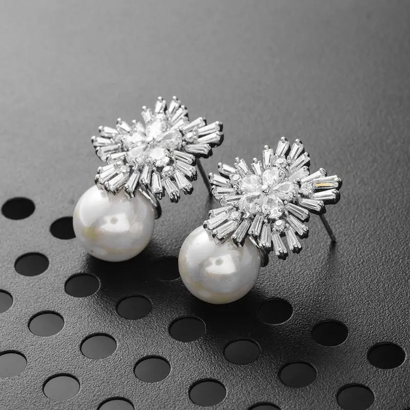 Flower Design Simulated Pearl Earrings for Women Gorgeous Cubic Zirconia Drop Earrings Aesthetic Female Accessory Jewelry - EUFASHIONBAGS