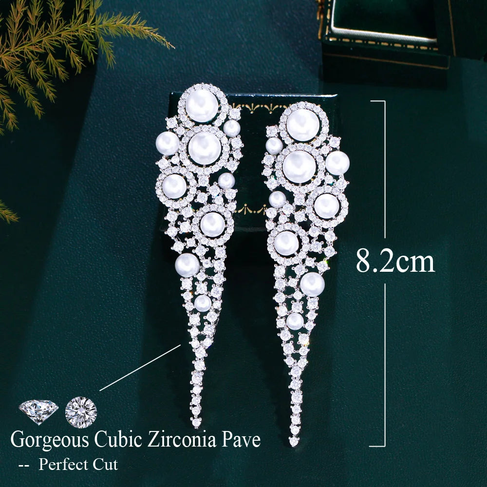 Extra Long Dangle Drop Sparkling White Cubic Zirconia Luxury Wedding Event Bridal Pearl Earrings for Women - EUFASHIONBAGS