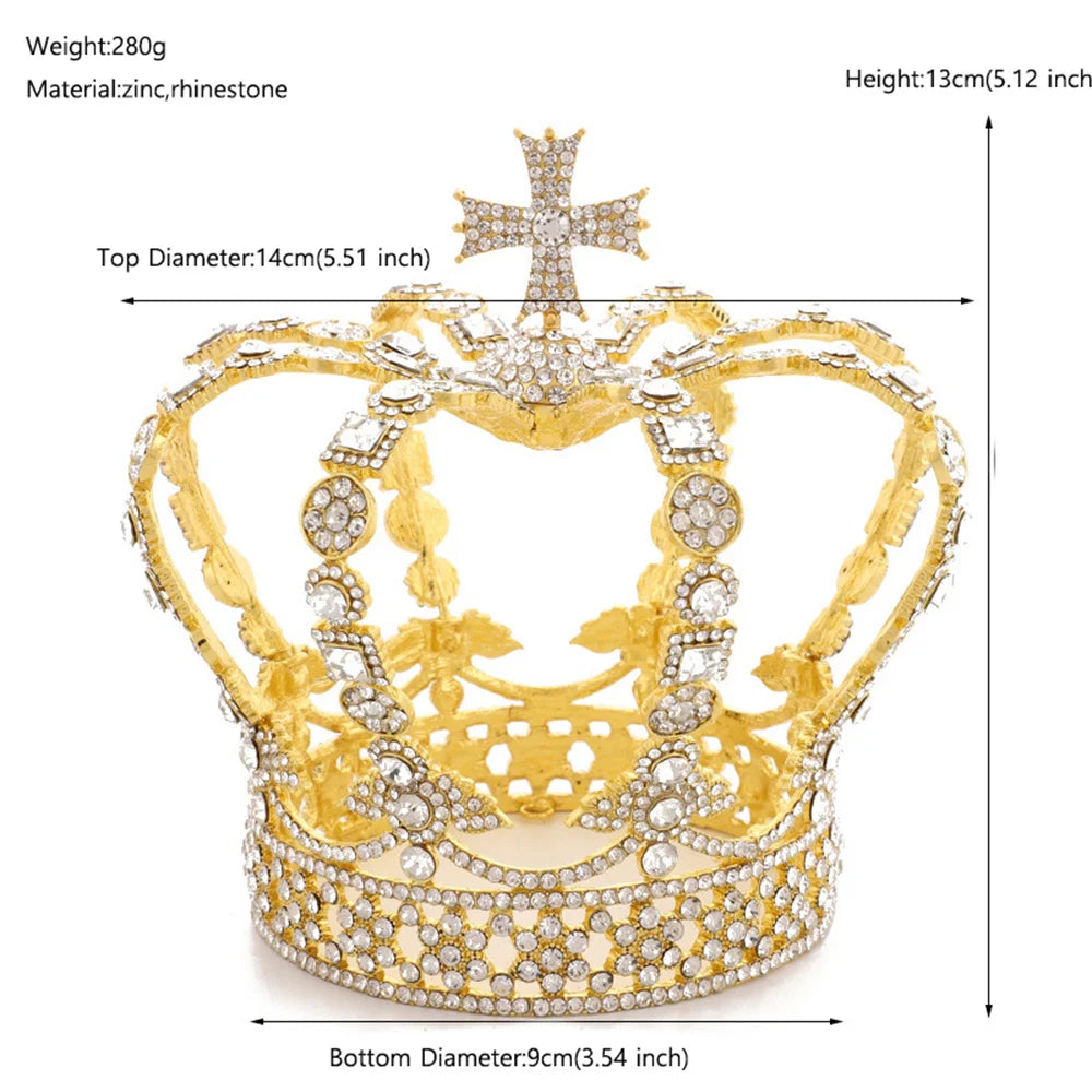 Full Round Crystal Tiaras and Crowns Queen King Headpiece Pageant Pom Diadem Hair Ornaments Vintage Hair Jewelry Accessories - EUFASHIONBAGS