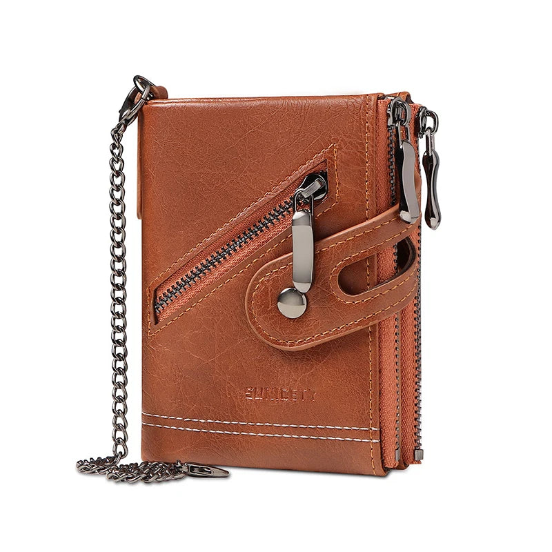 Retro Style Wallet Men Metal Chain Anti Theft PU Leather Bifold Zipper Wallet Credit Card Storage Bag Business Card Holder