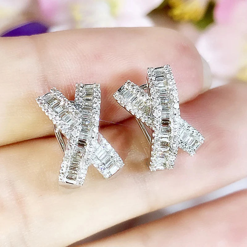 Fancy X Shaped Stud Earrings with Dazzling White Cubic Zirconia Luxury Earrings for Women Wedding Party Statement Jewelry - EUFASHIONBAGS