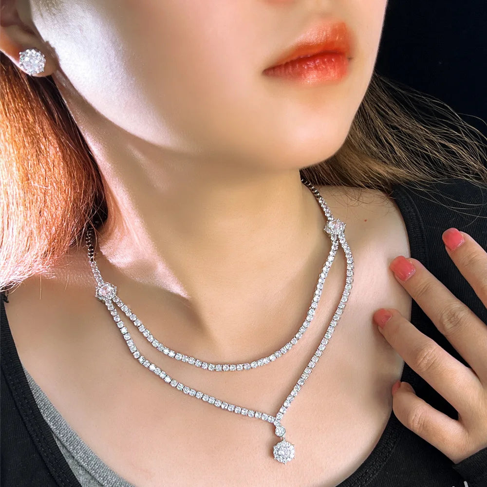 Chic Dangle Drop Round CZ 2 Layers Multiple Necklace Women Wedding Banquet Jewelry Sets Bridal Costume Accessory - EUFASHIONBAGS