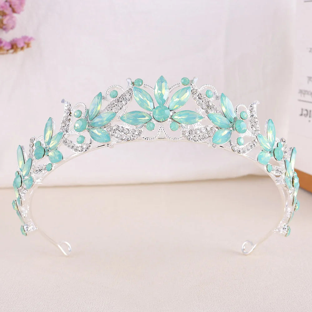 Baroque Opal Leaf Wedding Hair Tiara Crystal Bridal Tiara Crown Silver Color Diadem Veil Tiaras Bride Hair Accessories Headpiece - EUFASHIONBAGS