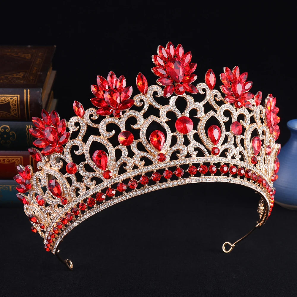 Royal Queen Wedding Crown Diadem Women Large Red Crystal Banquet Tiaras Headpiece Bridal Party Costume Hair Jewelry Accessories - EUFASHIONBAGS