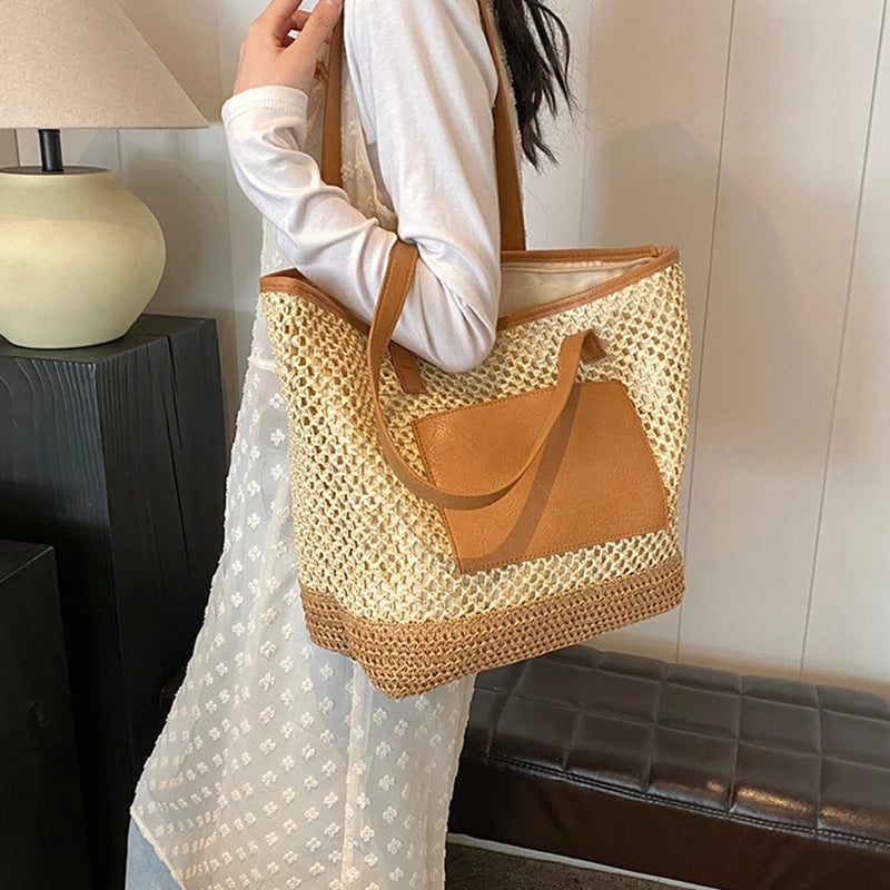 Women Crochet Beach Handbag PU Patchwork Weaving Travel Bag Contrast Color Simple Shoulder Bag Ladies Summer Daily Bag - EUFASHIONBAGS