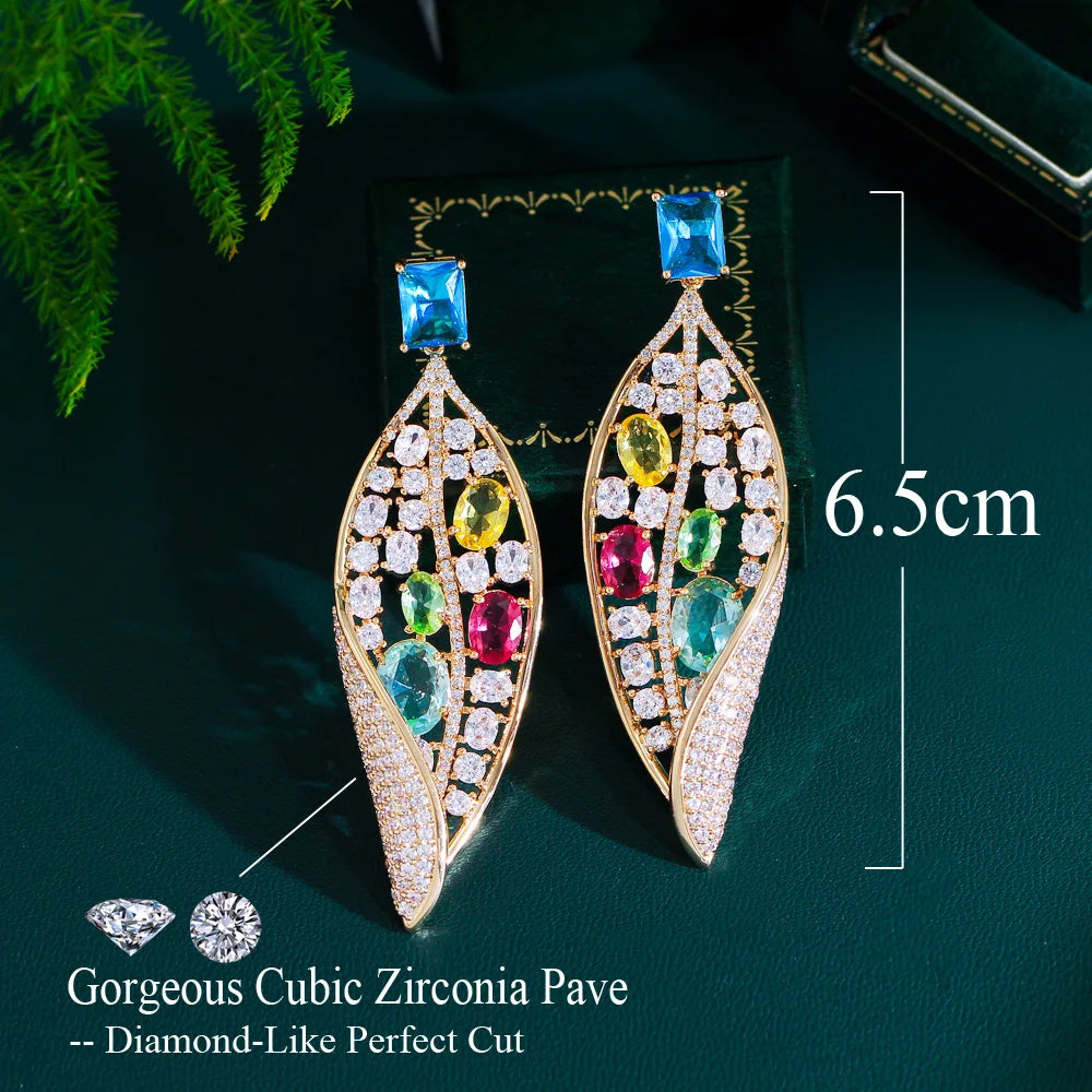 Geometric Leaf Design Pretty Cubic Zirconia Setting Long Dangly Wedding Engagement Festive Earrings for Women - EUFASHIONBAGS