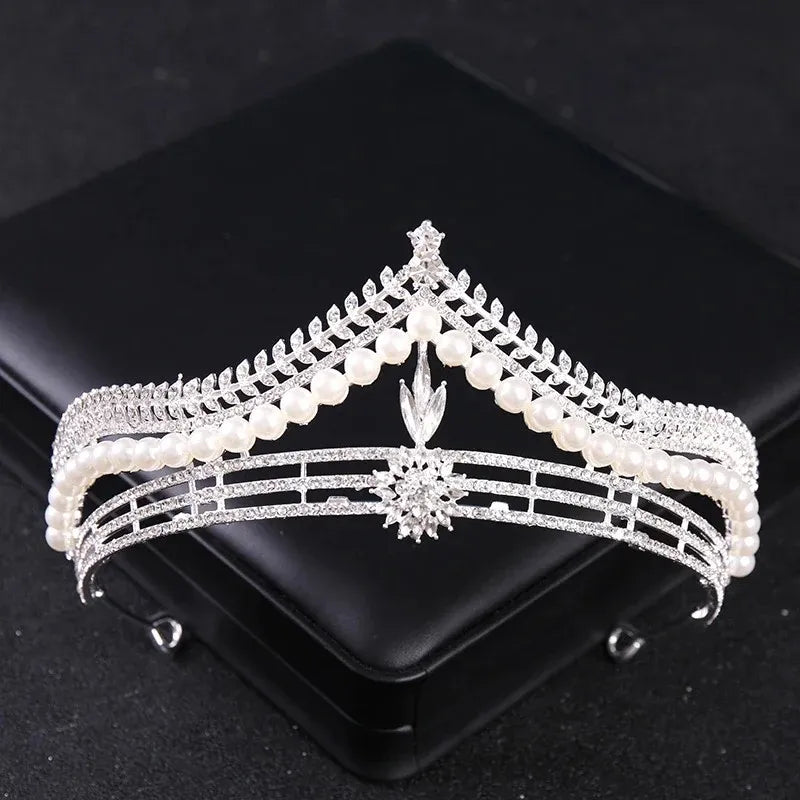 Luxury Silver Color Crystal Pearls Bridal Tiaras Crown Baroque Rhinestone Pageant Diadem Bride Headband Wedding Hair Accessories - EUFASHIONBAGS