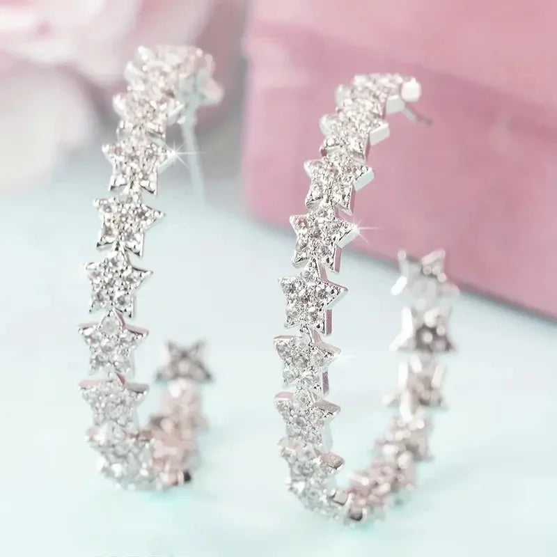 Bling Bling Stars Hoop Earrings Women Silver Color Temperament Sweet Girls Earrings Wedding Party Luxury Trendy Jewelry