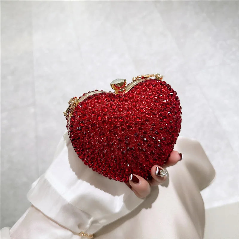 Luxury Diamond Inlay Heart Shape Crystal Clutch Purse Stones Evening Wedding Party Shoulder Bag Handle Rhinestone Mini Handbags