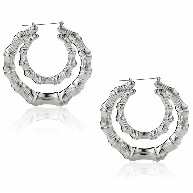 Modern Fashion Metal Double Circle Hoop Earrings for Women Chic Bamboo Design Earrings Daily Wear Statement Girls Jewelry - EUFASHIONBAGS