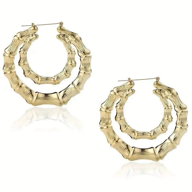 Modern Fashion Metal Double Circle Hoop Earrings for Women Chic Bamboo Design Earrings Daily Wear Statement Girls Jewelry - EUFASHIONBAGS