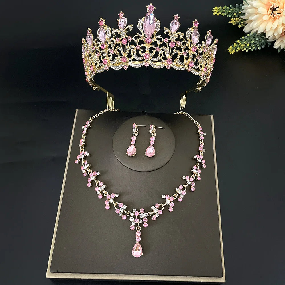 Gold Color Pink Crystal Bridal Jewelry Sets for Women Fashion Tiaras Earrings Necklace Crown Wedding Dubai Jewelry Set - EUFASHIONBAGS