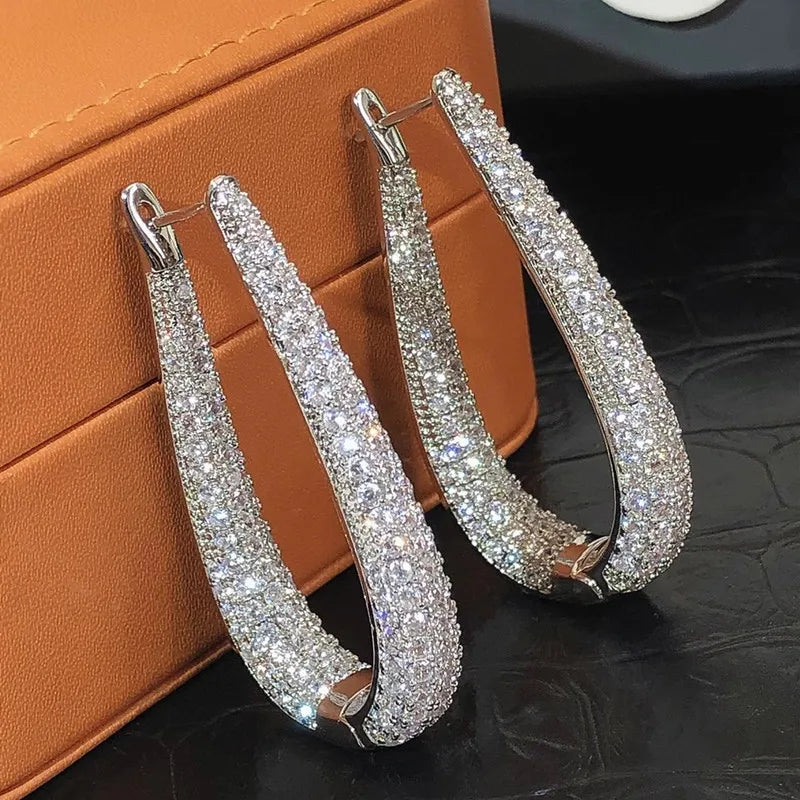 Silver Color Hoop Earrings Female Fashion Party Jewelry with Bright Zirconia Luxury Engagement Accessories Gift