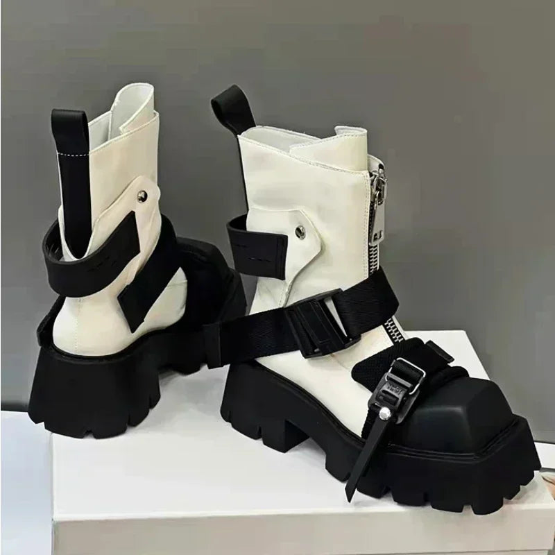 Brand Designer Platform Boots Women 2025 New Chunky Heel Short Boot Ladies Square Toe Fashion Belt Buckle Motorcycle Ankle Boots