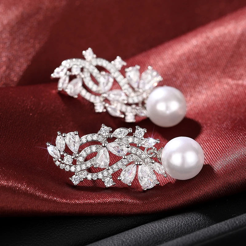 Lady Wedding Earrings with Simulated Pearl Graceful Accessories for Engagement Brilliant Zirconia Pendant Jewelry - EUFASHIONBAGS