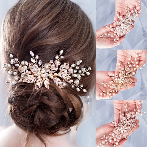 Crystal Pearl Flower Leaf Bridal Hair Comb Hairpin Headband Tiara For Women Bride Bridal Wedding Hair Accessories Jewelry Comb