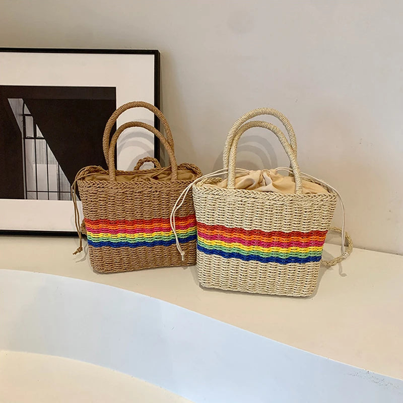 Women Drawstring Crossbody Bag Woven Tote Handbag Versatile Straw Rainbow Sling Bag Female Leisure Shoulder Bag - EUFASHIONBAGS