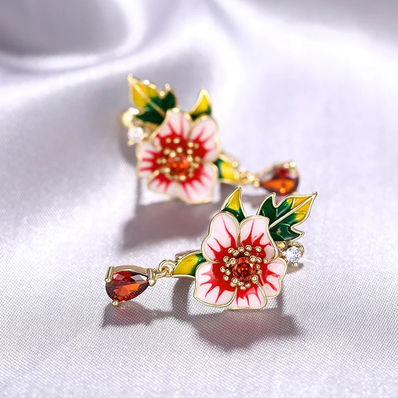 Flower Earrings for Women Red Flower Green Leaf Aesthetic Enamel Earrings Wedding Party Temperament Lady Jewelry