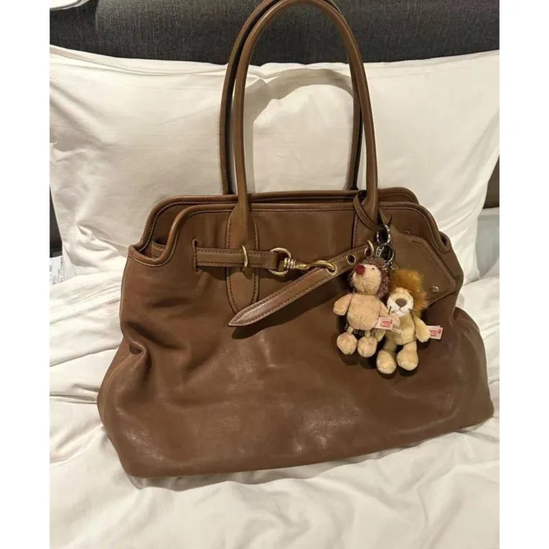 Large Brown Tote Bag Women Autumn Winter Vintage Leather Shoulder Bags Female Vintage Casual Handbag Aesthetic - EUFASHIONBAGS