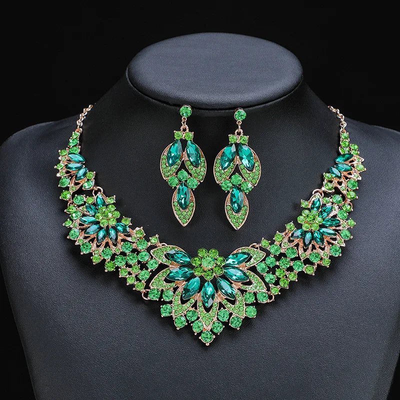 Luxury Exquisite Leaves Colorful Crystal Jewelry Sets For Women Wedding Party Jewelry Accessories Stud Earrings & Necklace Set - EUFASHIONBAGS