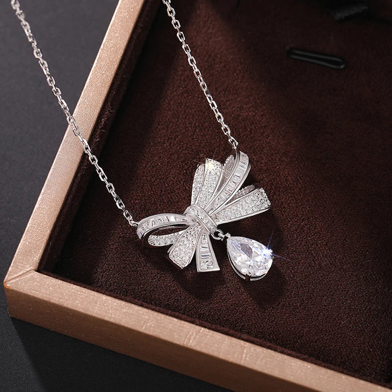 Aesthetic Bowknot Pendant Necklace Lady Wedding Jewelry with Bright Zirconia Graceful Female Luxury Accessories for Party - EUFASHIONBAGS