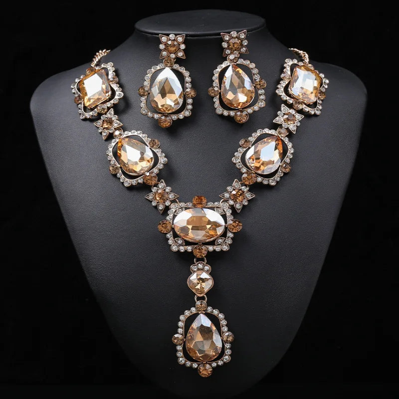 Luxury Big Rhinestone Bridal Jewelry Sets for Women Geometric Crystal Pendant Necklaces Earrings Set Wedding Costume Jewelry Set - EUFASHIONBAGS