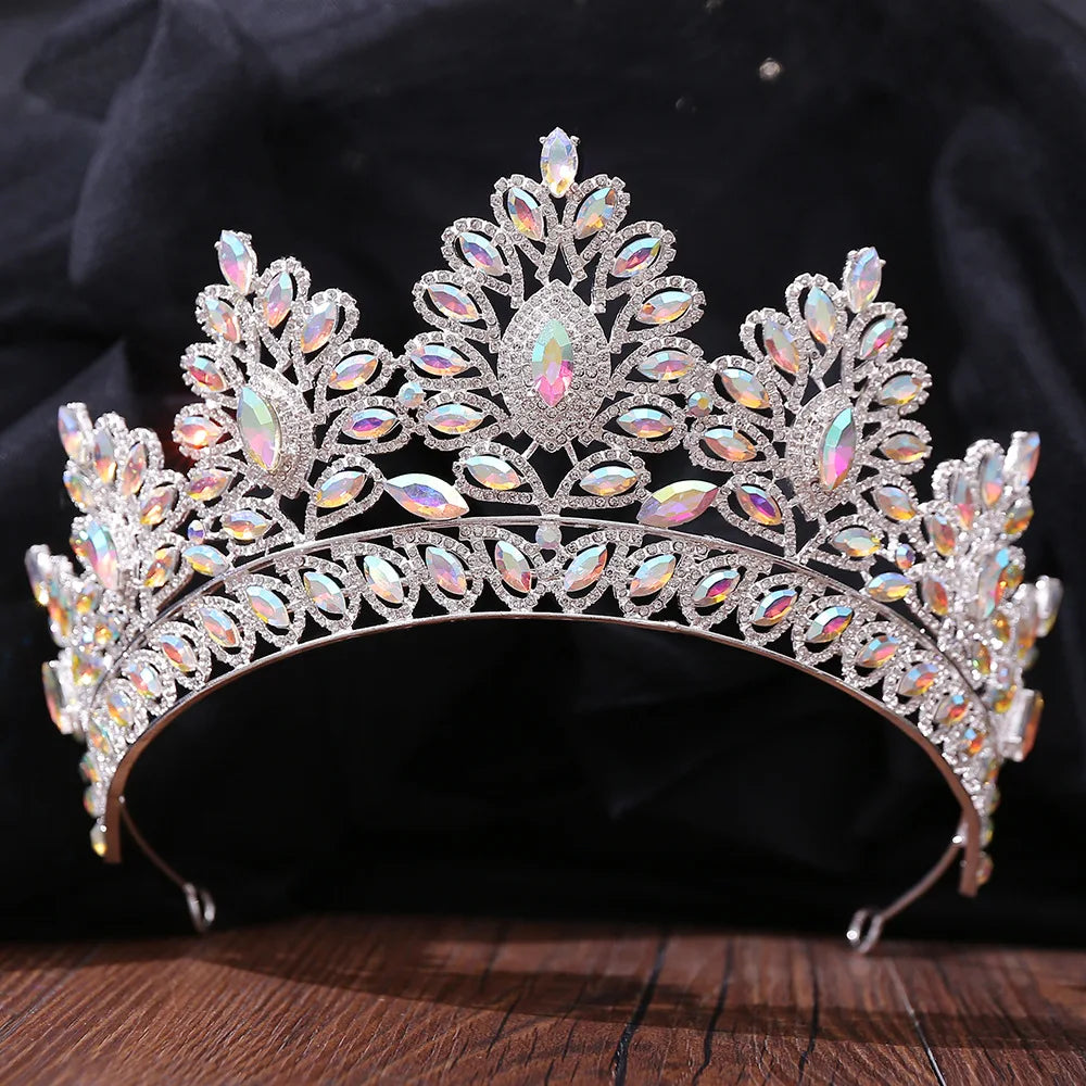 Luxury Silver Color AB Crystal Bridal Tiaras Baroque Crown Headband Bride Party Rhinestone Diadem Wedding Hair Jewelry Ornaments - EUFASHIONBAGS