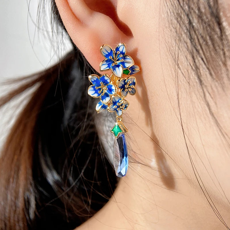 Aesthetic Blue Flower Enamel Earrings for Women Luxury Trendy Gold Color Wedding Party Romantic Lady Earrings New Jewelry